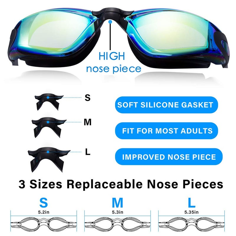Keary Swim Goggles Pack of 2 Anti-Fog Swimming Goggles for Adults Women Men Youth Junior, No Leaking UV Protection Waterproof Mirrored Lens Triathlon Pool Goggles with 3 Size Nose Pieces & Earplugs - Image 2